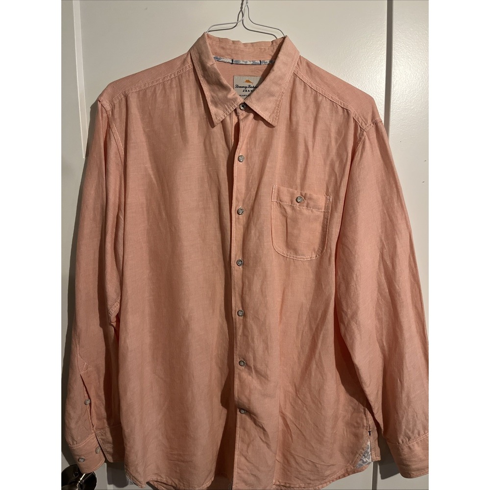 Tommy Bahama Shirt Men's Large Orange Salmon Pink Linen Relax Button Down